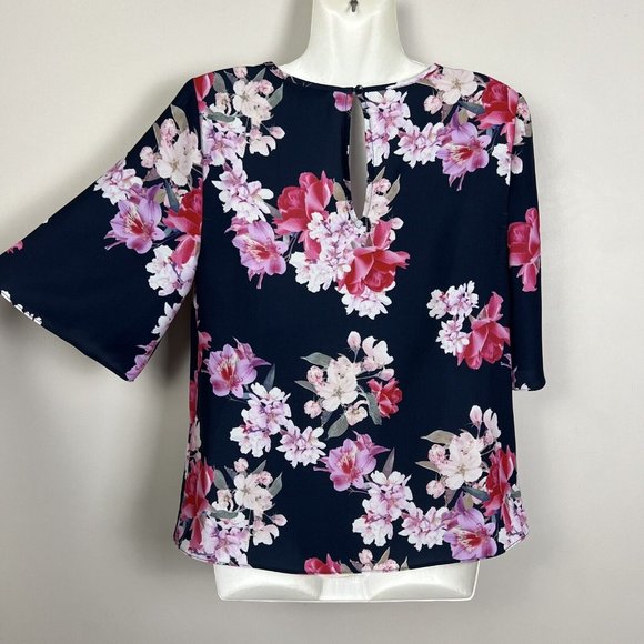 Portmans Women’s Floral Top Blouse Navy Blue & Pink Short Sleeve Spring Size 8 - Picture 4 of 12